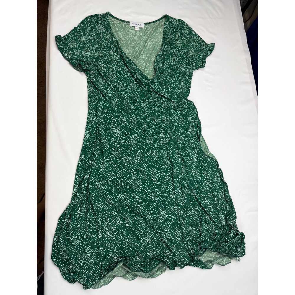 Gilli Womens Green Polka Dot Faux Wrap Dress Ruffle Hem V-Neck Short Sleeve L